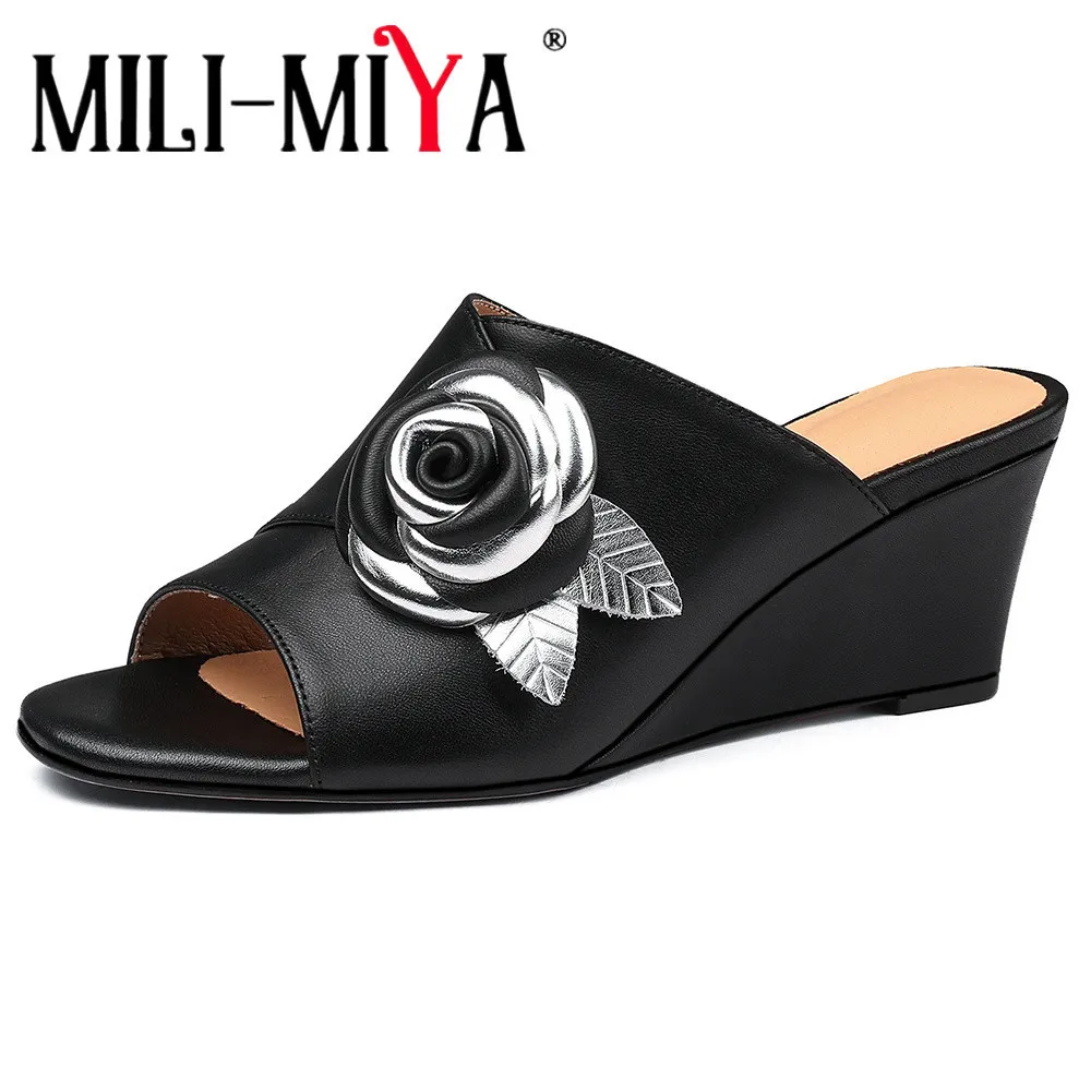 

MILI-MIYA Fashion Mixed Color Flowers Women Soft Sheep Skin Sandals Comfortable Wedges Slip On Solid Color Casual Shoes For Lady