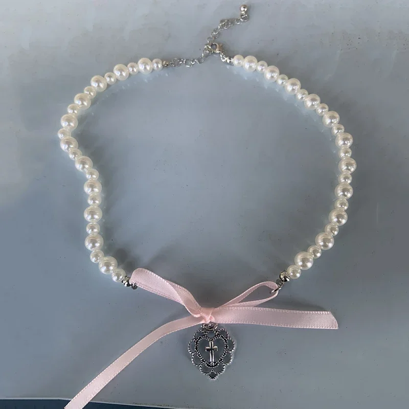Pink Ribbon Bow Heart Pendant Imitation Pearl Beads Choker Necklace Y2K Sweet Cute Clavicle Chain Girl Lolita Jewelry 6 Pink Ribbon Bow Heart Pendant Imitation Pearl Beads Choker Necklace Y2K Sweet Cute Clavicle Chain Girl Lolita Jewelry 6