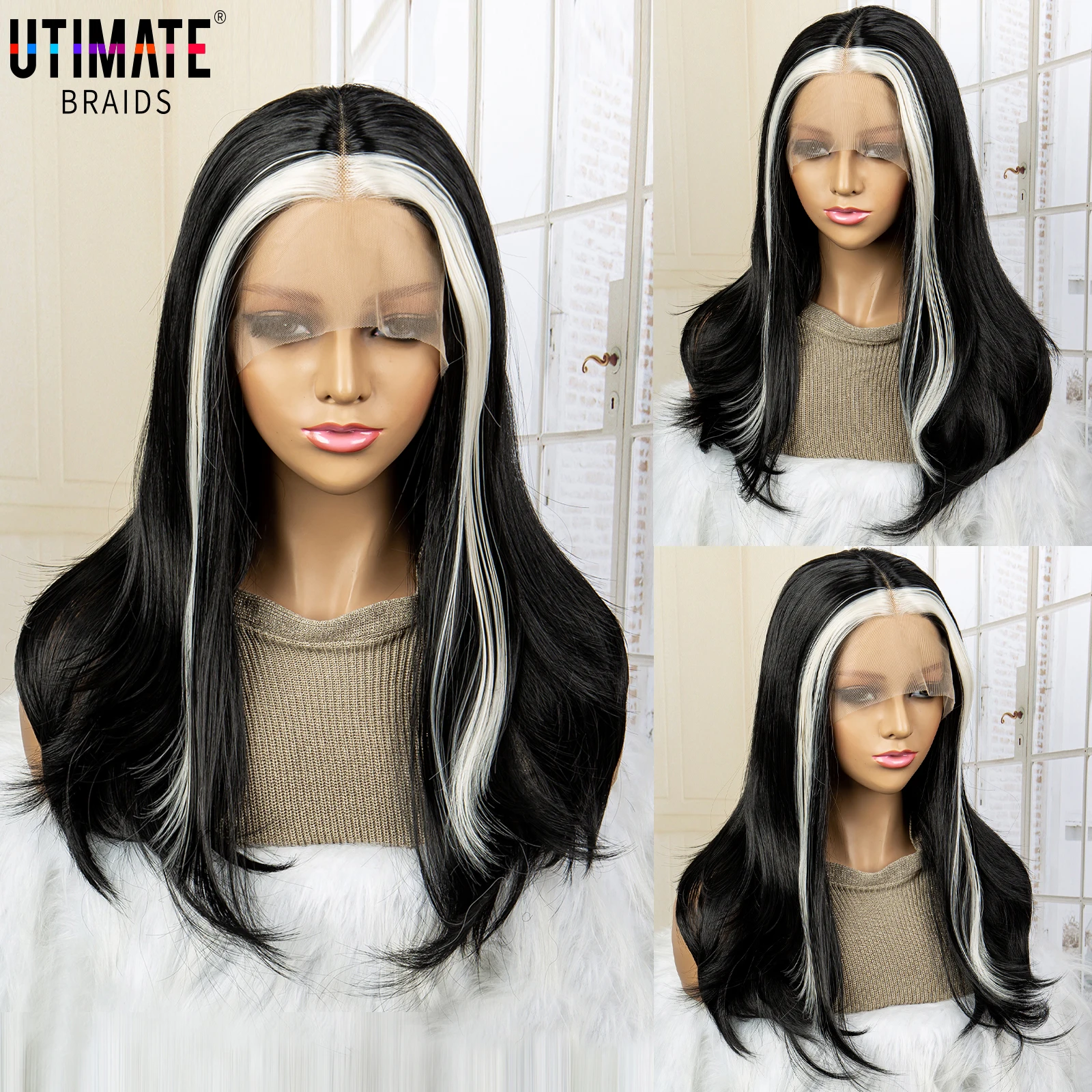 

White Highlights Black Color Synthetic Wig Lace Front Natural Wavy Wigs for Women Middle Part Lace Frontal Wigs Cosplay Party