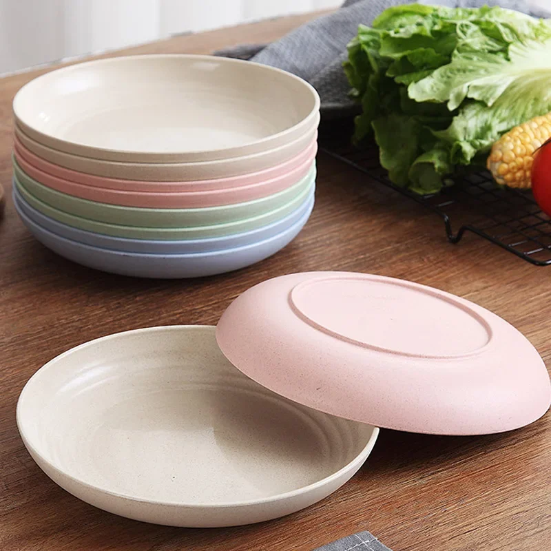 Assiettes rondes en paille de blé de couleur unie, assiettes à salade, Dessert, dîner, réutilisables, passe au micro-ondes, Anti-chute et incassables, assiettes à fruits
