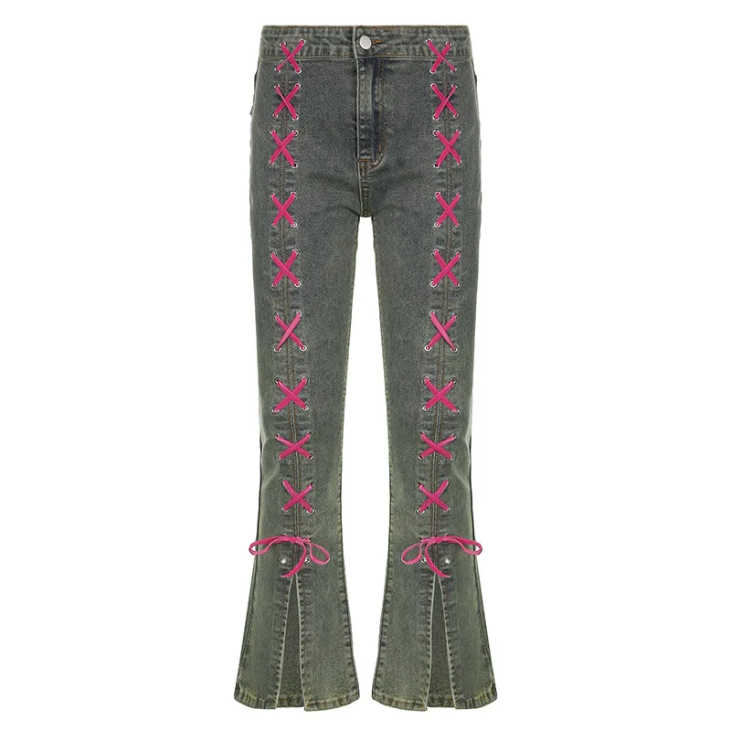 

2022 New Fashion Womens Trousers European and American Style Retro Low-rise Belt Contrast Jeans Pants for Women