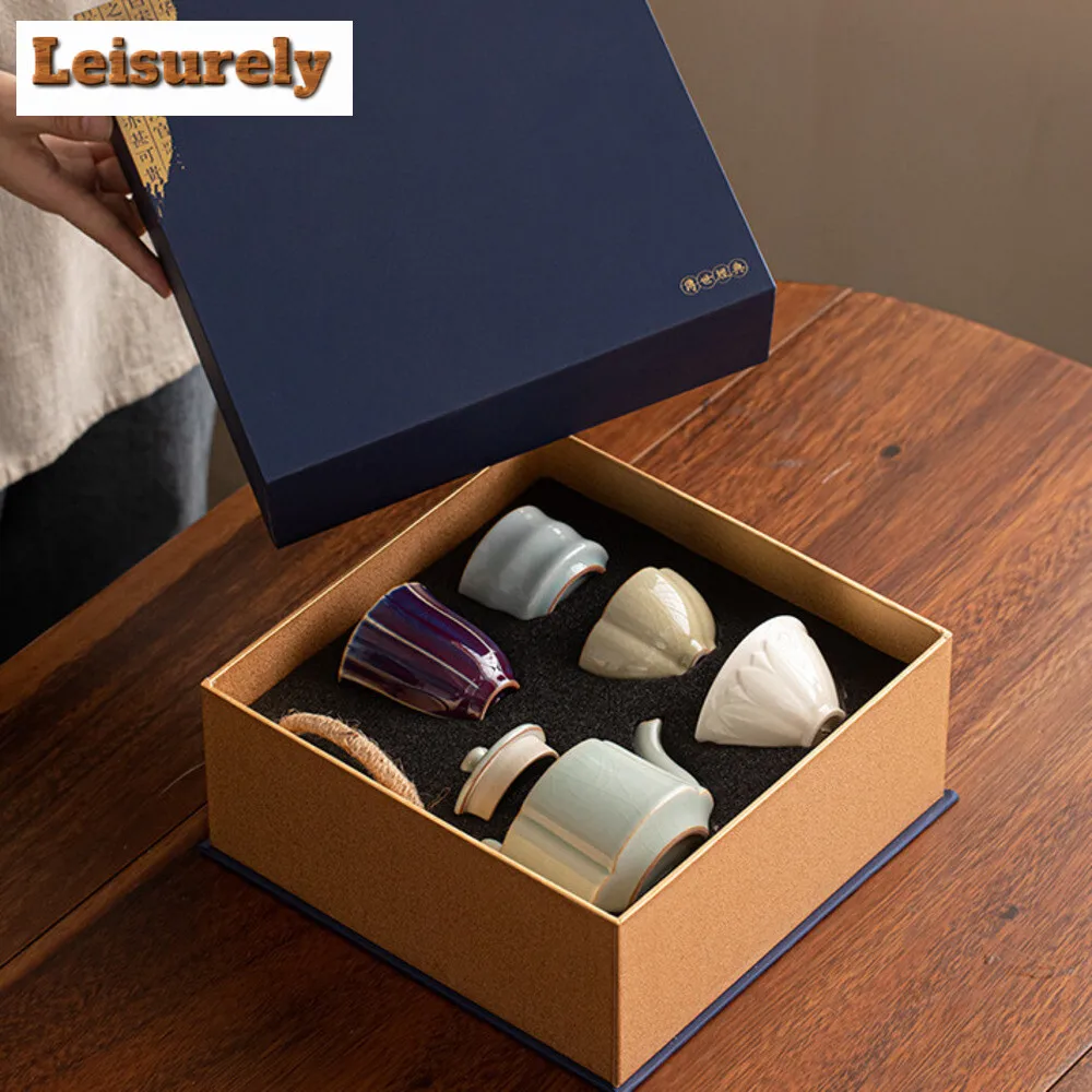 Five Famous Kilns 1 Pot 4 Cups Tea Set Complete Set Antique Tea Ceremony Set Household Teapot and Tea Cup  Kung Fu Tea Gift Box