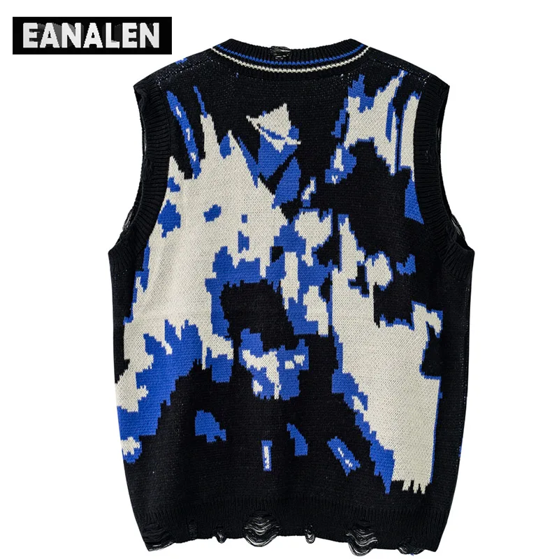 Harajuku retro black blue tassel jumper knitted sweater vest oversized Korean sleeveless sweater grandpa ugly women Y2K
