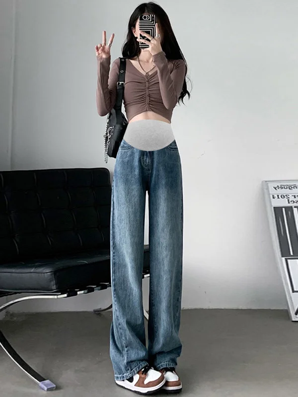 화이트 임부용 청바지 하이웨이스트 확장형 루즈핏 배 받침 슬리밍 롱 와이드 팬츠 봄 가을 여름