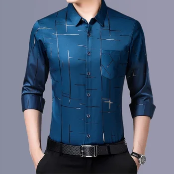 Camicia stampata a maniche lunghe casual e alla moda da uomo, top da lavoro non stirabili e resistenti alle rughe 1
