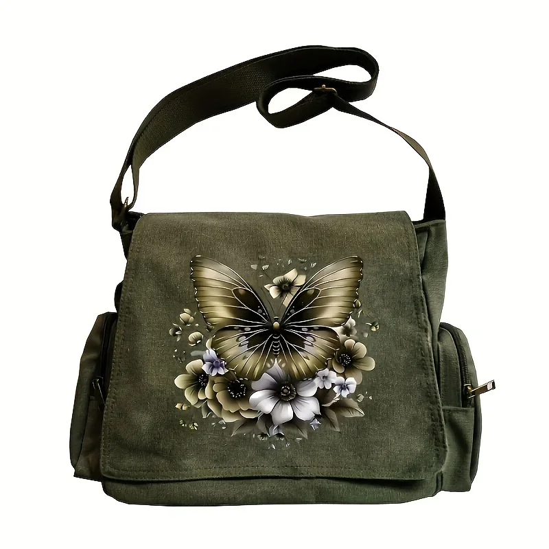 Women's Large Capacity Canvas Crossbody Bags Butterfly & Floral Shoulder Bag Multiple Pockets Message Bag Daily Commuting