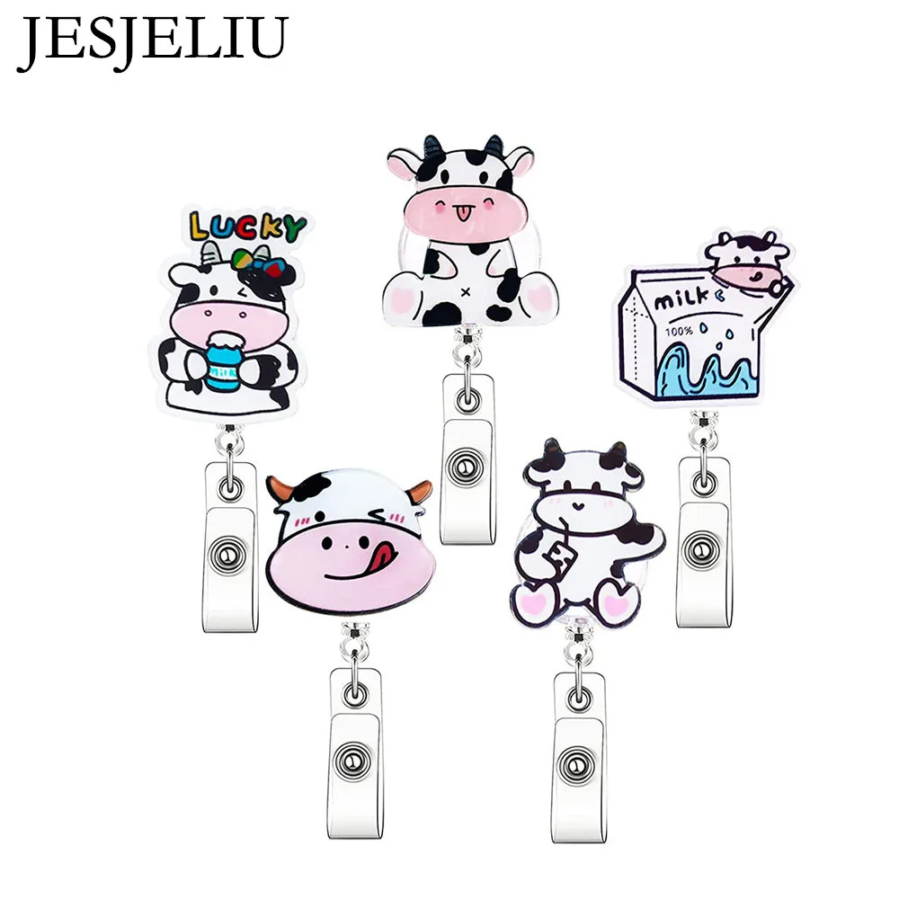 

1Pcs 2023 New Acrylic Cute Cow Milk Retractable Hospital Nurse Badge Holder Reel Clip Cartoon Doctor ID Card Holder Keychains