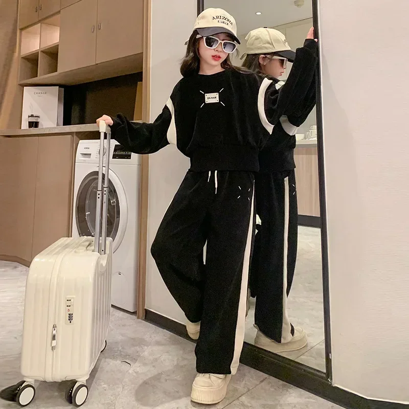 

2023 College Style Girls Autumn Suit Teen Clothes Set Korean Long Sleeve Printed Wide Leg Pants Outfit Children Loungewear 3-15Y