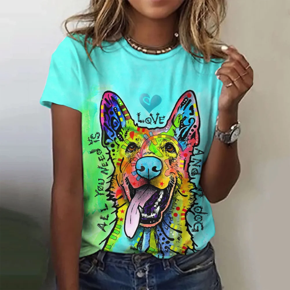 

Abstract Colorful Dog Print Fashion Women's O-neck T-shirts Casual Street Short Sleeves Tees Tops Loose Funny Female Clothing