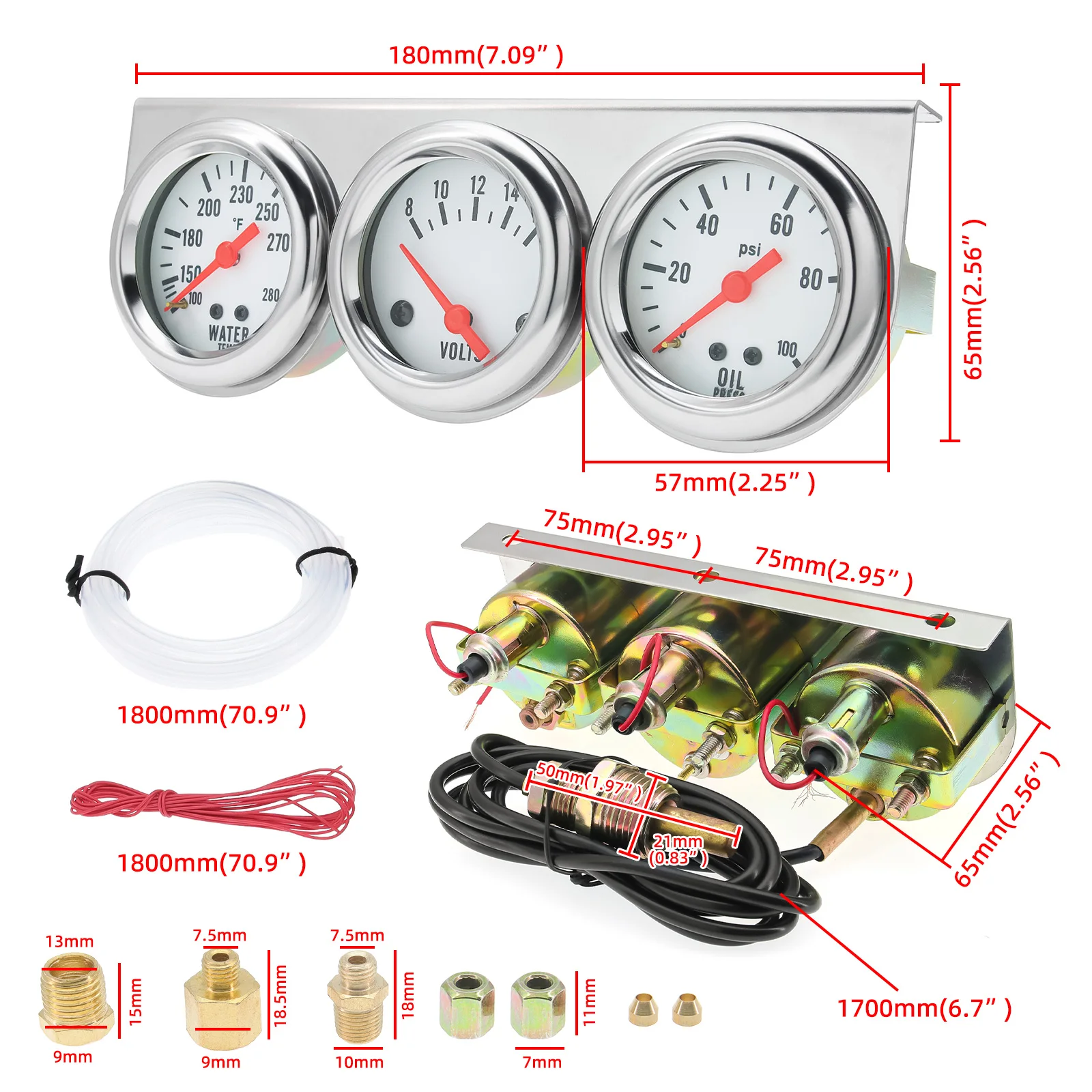 Triple Jauge 52mm Voltmètre + Température Eau + Pression Huile Avec Capteurs - Voiture Camion