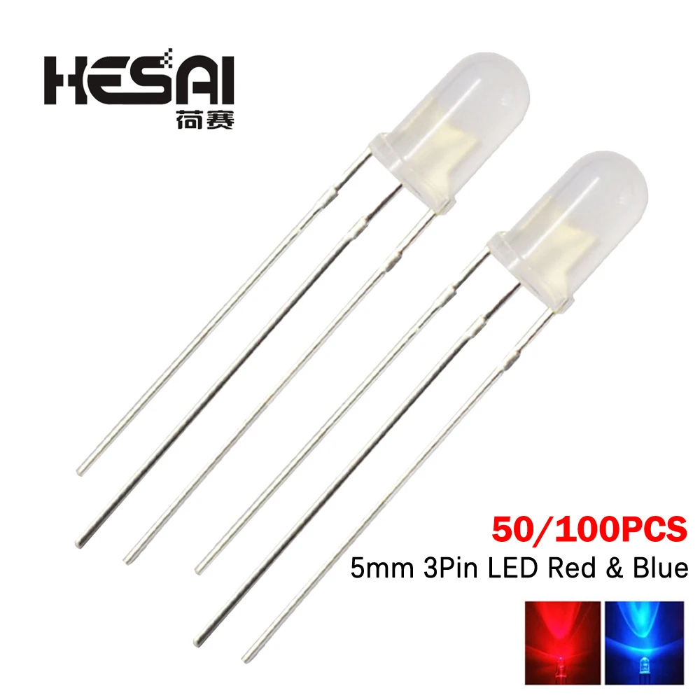 50/100PCS F5 5MM anode Round head frosted surface 3 feet LED light-emitting diode red/blue two-color