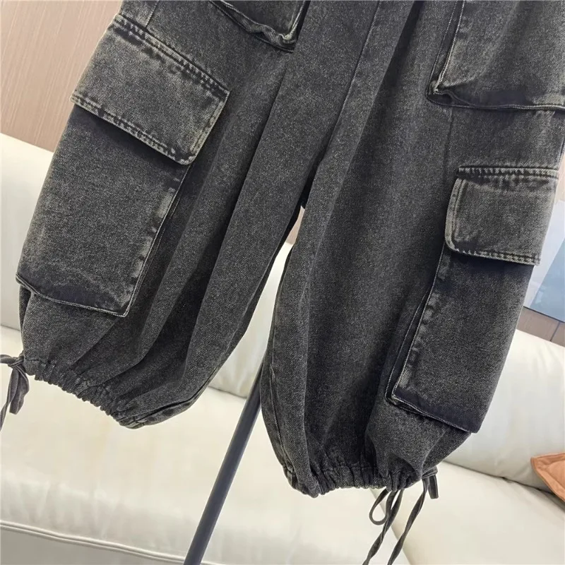 여성용 캐주얼 면 크롭 팬츠, 드로스트링 레이스업, 헐렁한 데님, 블랙 오버사이즈 용수철, 레트로 패션, 2024 신상