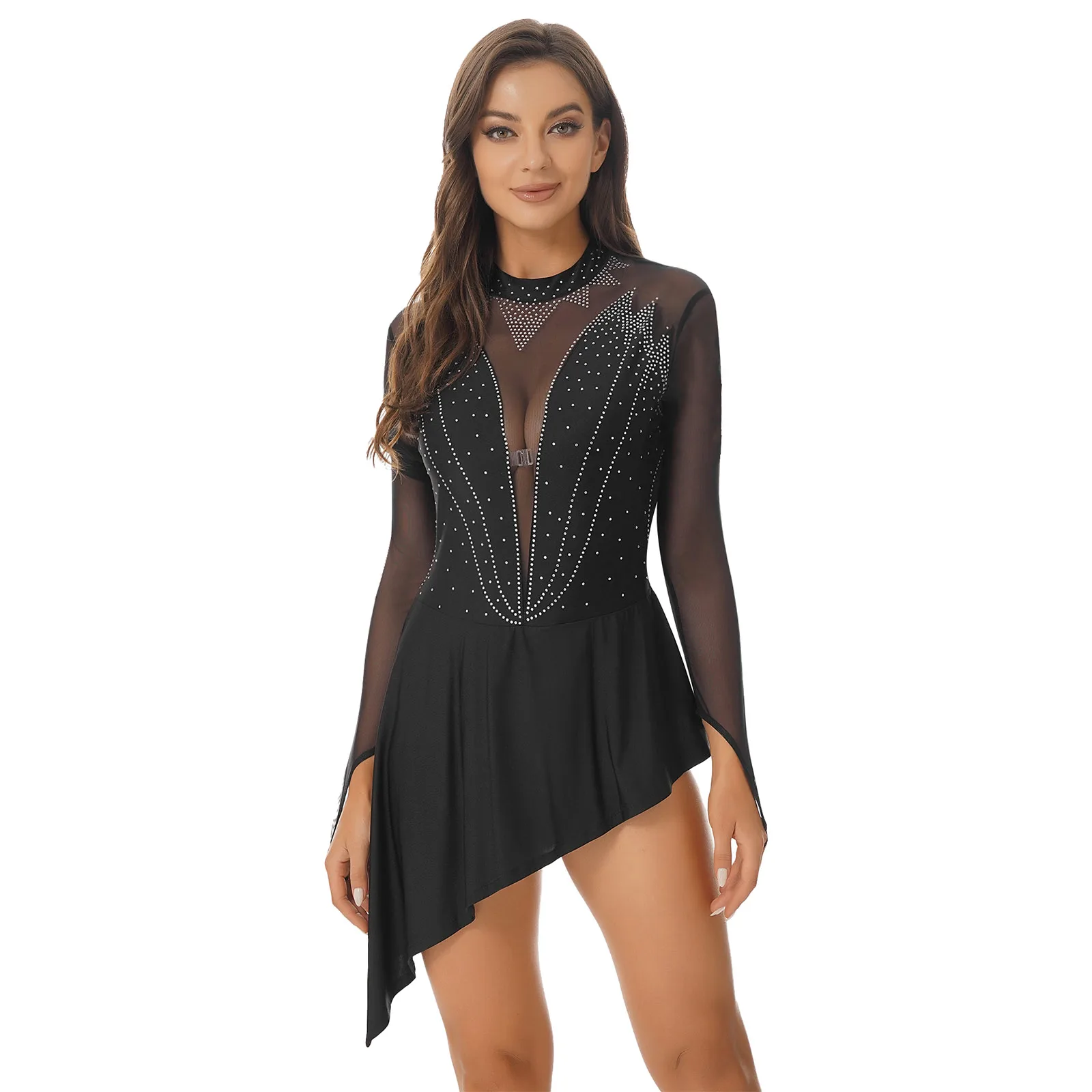 

Women Sequins Rhinestone Mesh Long Sleeve Ballet Latin Dance Dress Figure Skating Dress Ballerina Training Performing Costume