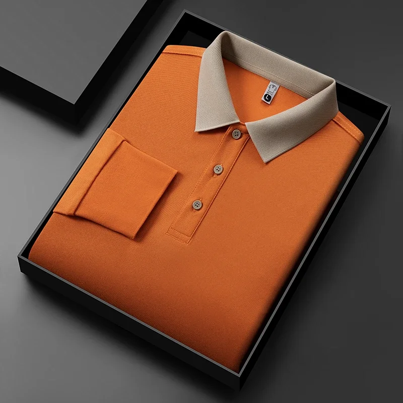 Polo da uomo in tinta unita a maniche lunghe casual da lavoro nuova Top versatile quattro stagioni caldo e confortevole alla moda - immagine 2