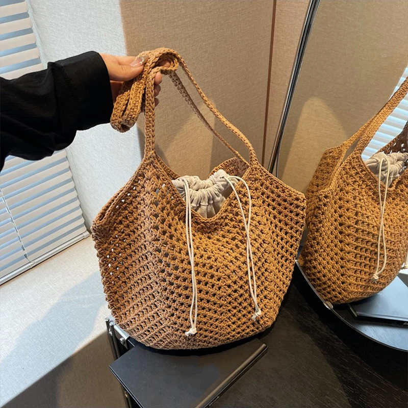 2025 Latest Summer Beach Straw Woven Tote Bag For Women 2-IN-1 Hollow-out Lightweight Large Capacity Shopper Shoulder Bag Female