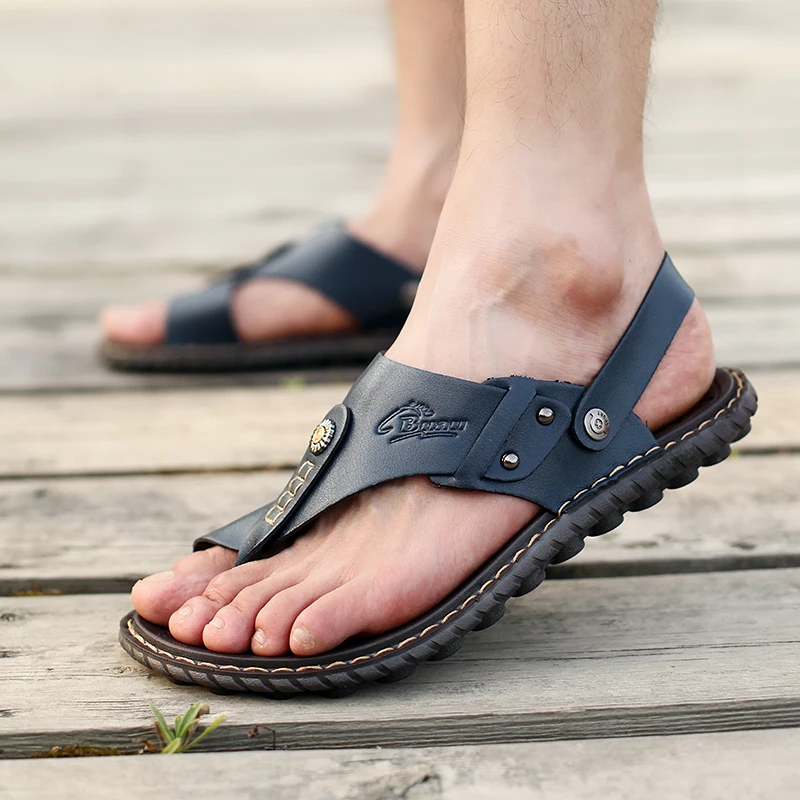 Men's Summer Leather Sandals Breathable Flip Flops Beach Slippers Men Fashion Casual Shoes Size