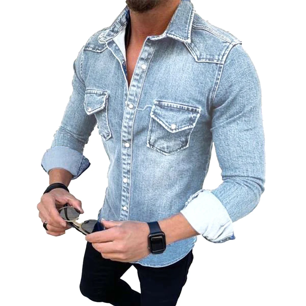 High Quality New Fashion Mens Casual Slim Shirt Jeans Long Sleeve Tops Chest Pocket Snap Button Down Tees Soft Male Shirts men and woman waist bag new casual small fanny pack male waist pack for cell phone and credit cards travel chest bag wyb726