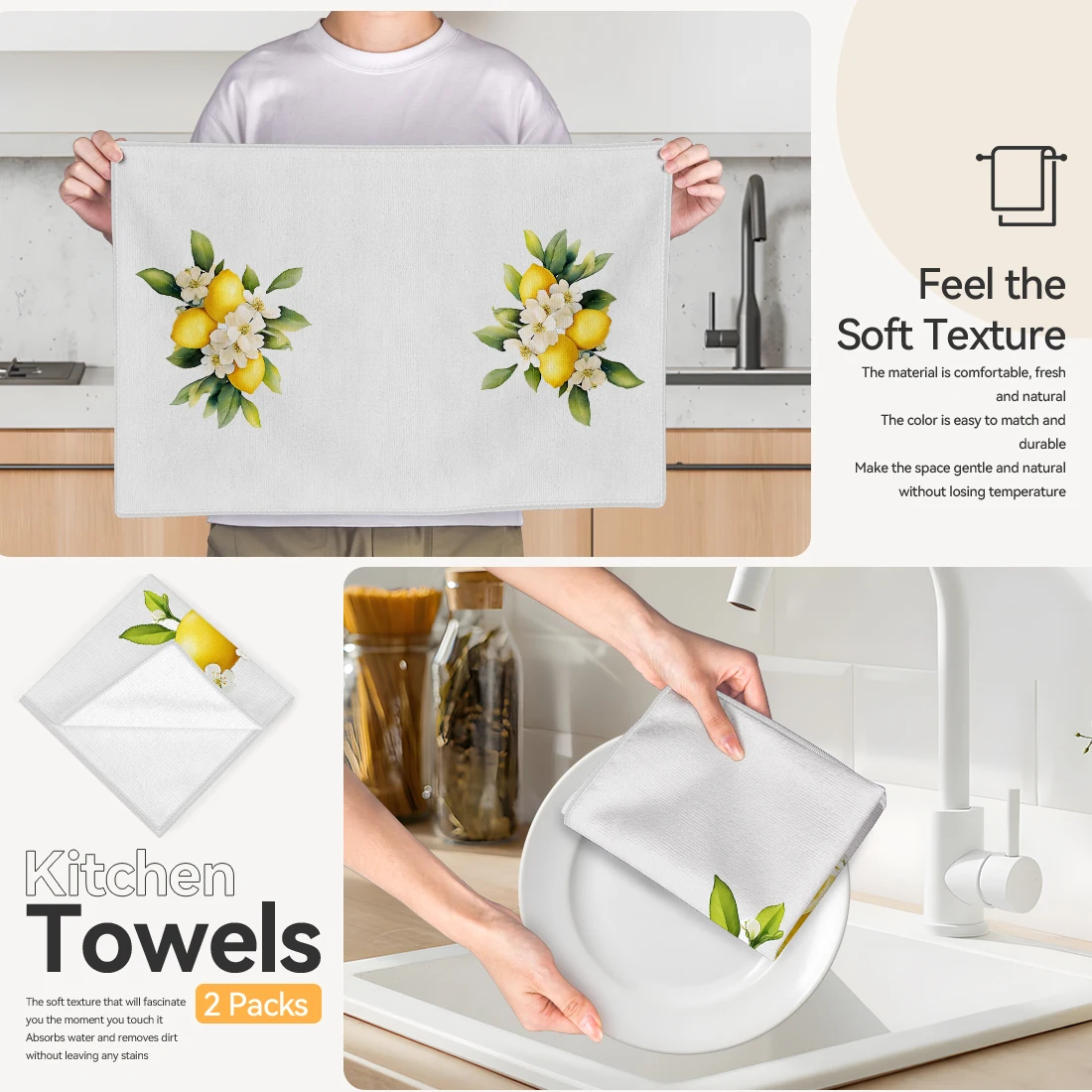 2pcs/set Soft Absorbent Kitchen Towels Dish Towel Lemons And Flowers Dish Cloths Holiday Dry Cloth Kitchen Dish Tea Towel 5