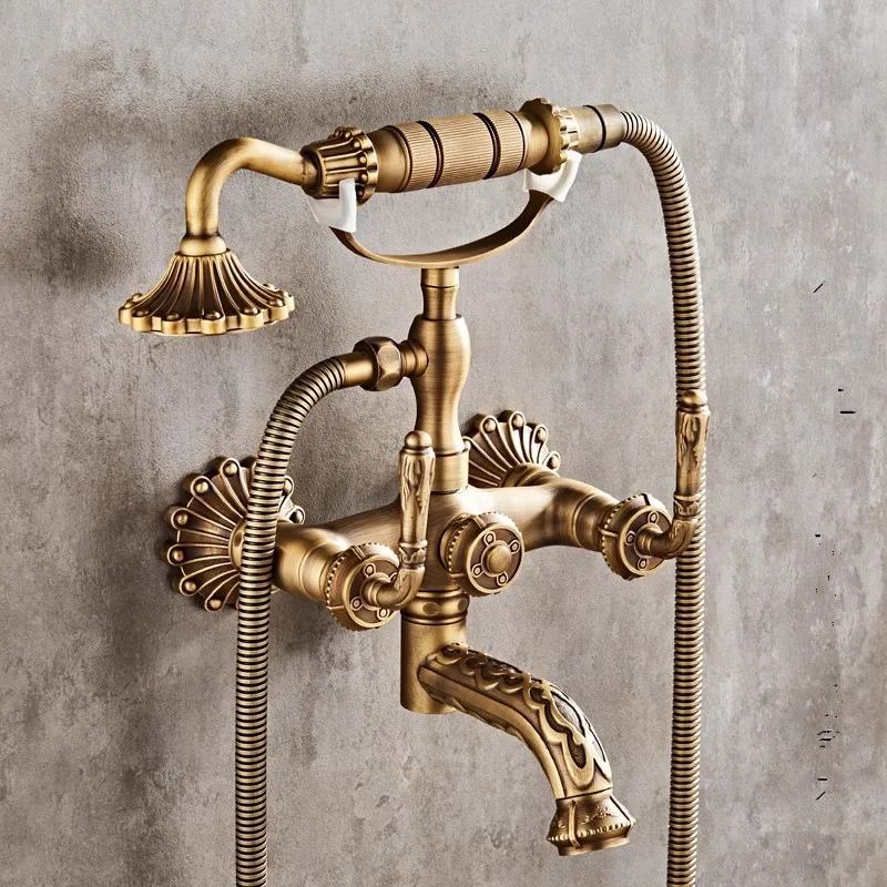 

Tuqiu Antique Bathtub Shower Set Wall Mounted Carved Bathtub Faucet Bathroom Cold and Hot White Bath and Shower Mixer Taps Brass