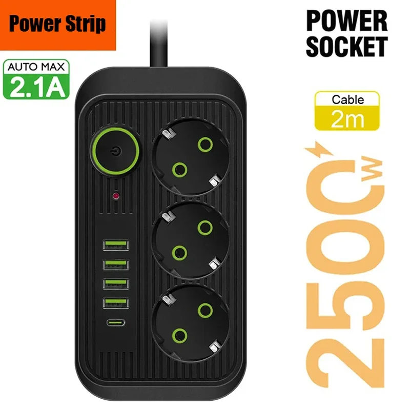 Description Picture 4 of item5M 2M EU Plug AC Outlets Multitap Socket Extension Cord Electrical Power Strip 3 USB Type C Fast Charging Network Filter Adapter