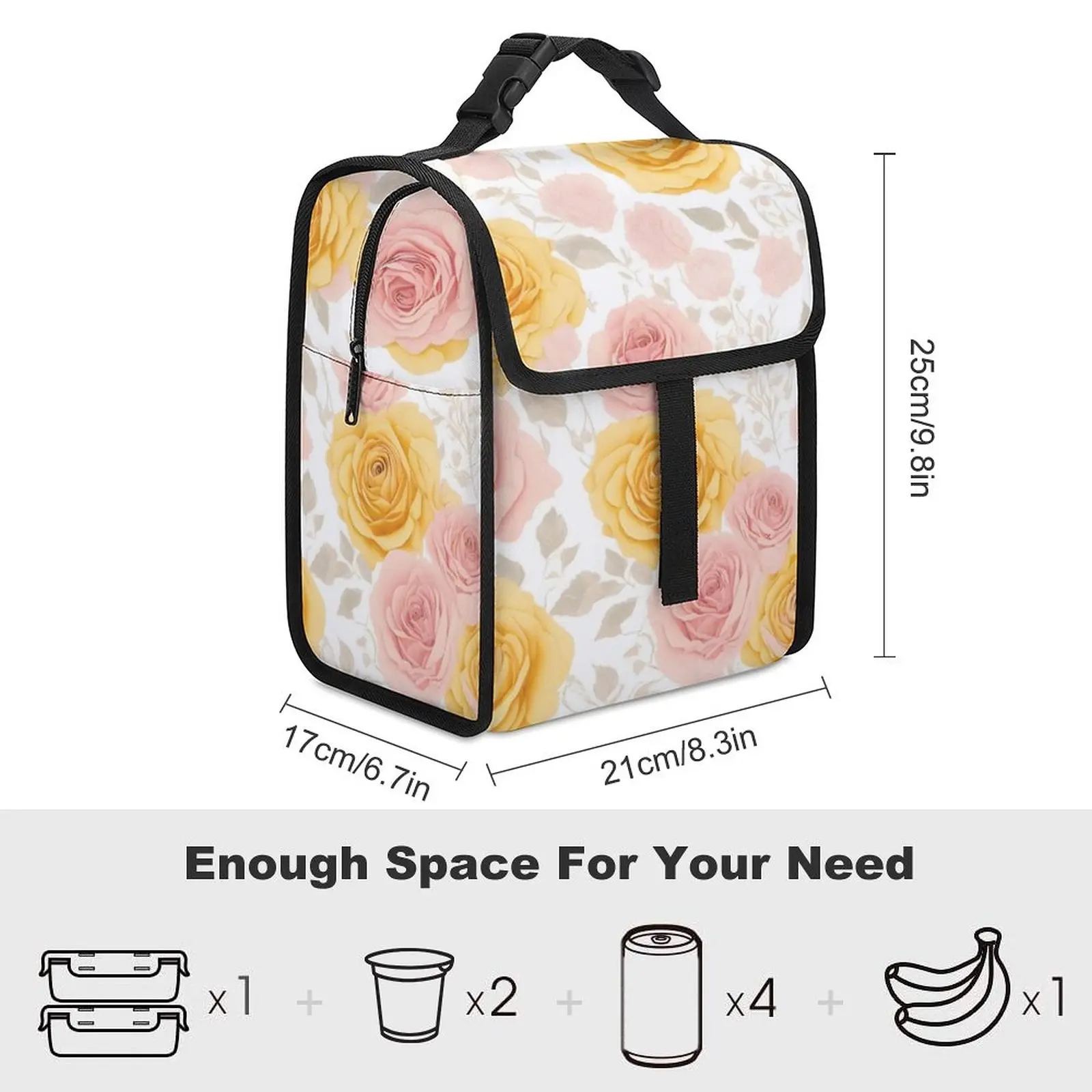 Rose Print Insulated Bag Lunch Box Thermal Lunch Box for Food Large Format Insulated Bag Multipurpose Bag for Meal Boxes