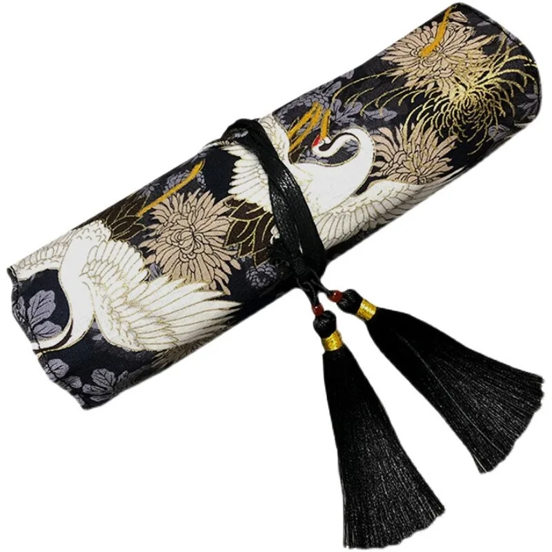 빈티지 크레인 패턴 롤업 연필 케이스 학생 및 예술가를 위한 태슬 장식이 있는 대용량 펜 커튼 문구 가방