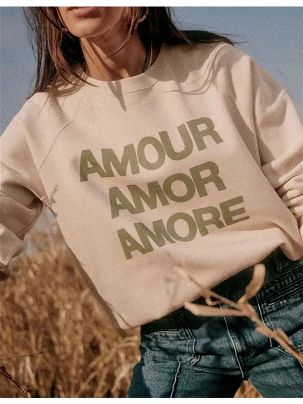 

Women's Stripes Sweatshirt 2023 New Spring Fall Cotton Letter Print Round-neck Loose Casual Long Sleeve Pullover