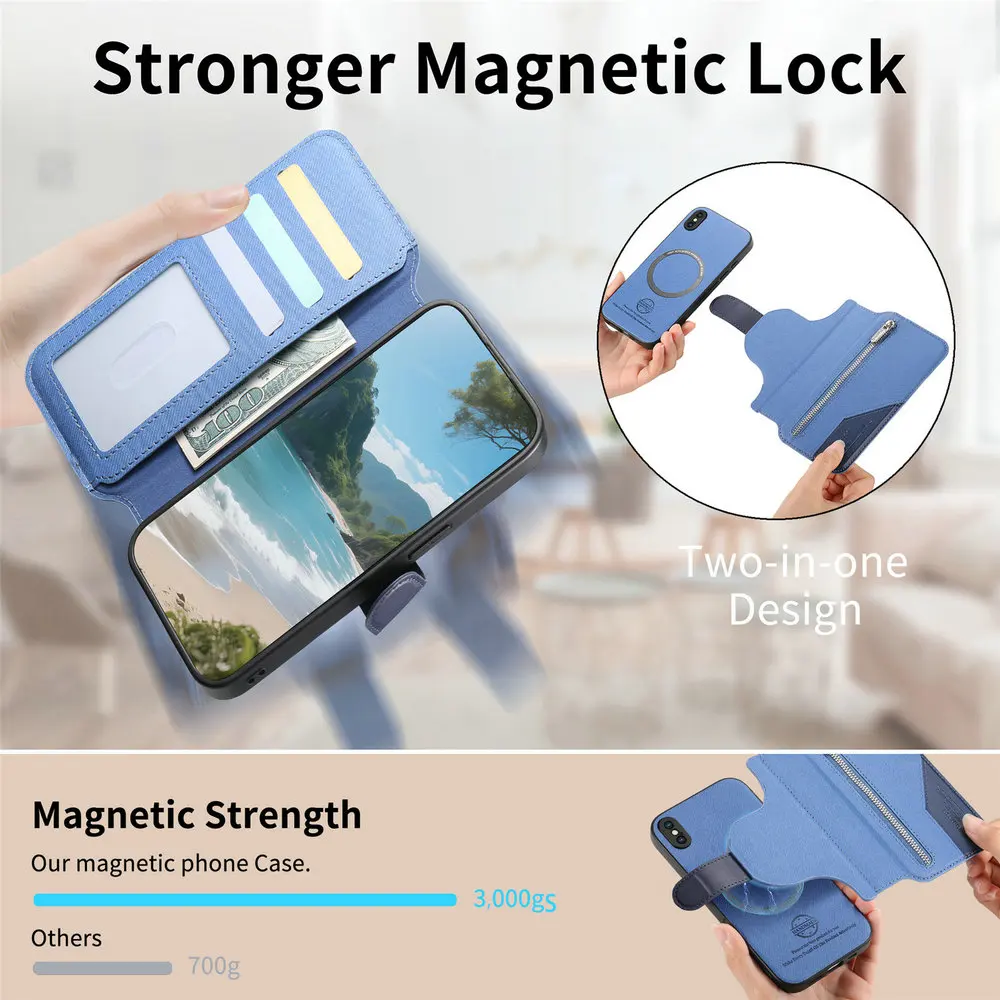 Detachable Zipper Leather Wallet Flip Case with Magnetic Closure