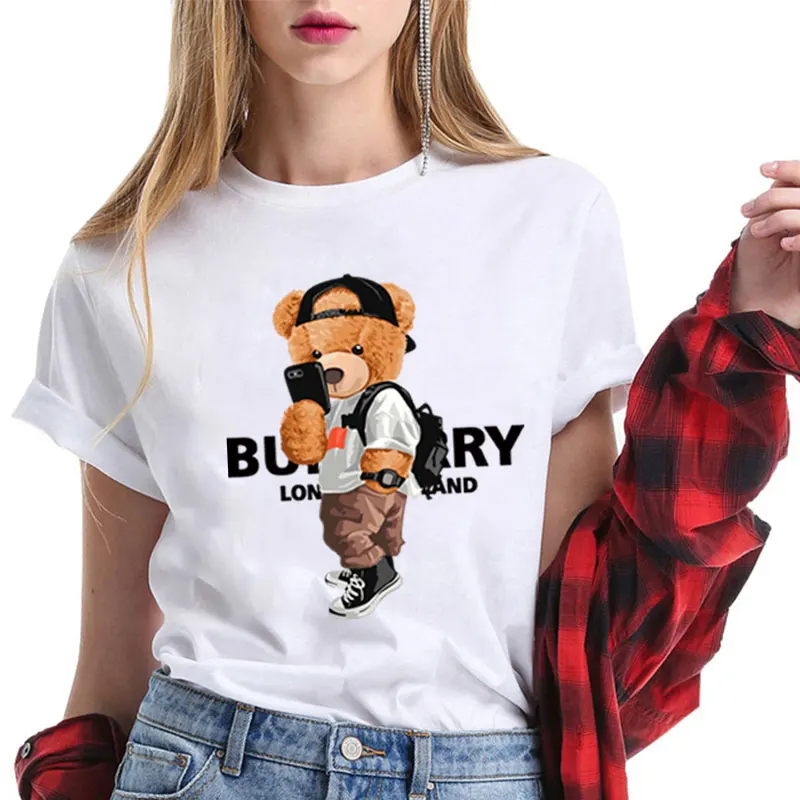 

2024 Fashion100%cotton Men/Women T-shirts Cartoon bear Letter Printed Spring Summer O-Neck Short Sleeve T Shirt clothes Top Tees