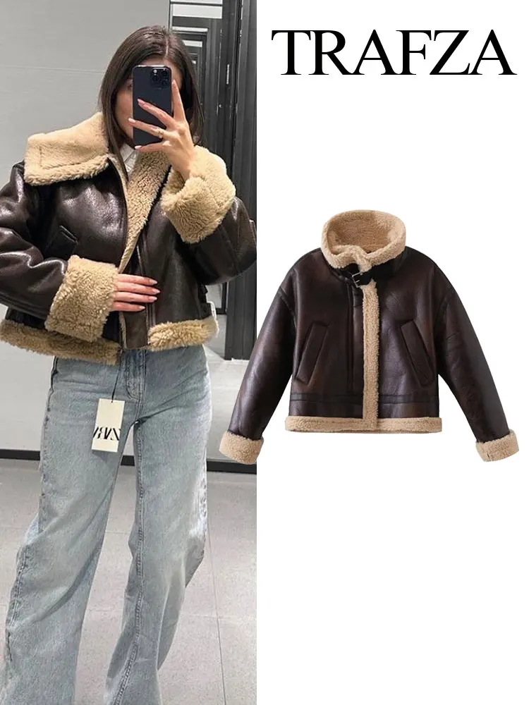 

TRAFZA Fashion Autumn And Winter Female Lapel Stitching Long Sleeve Pocket Decorate Coat Women's Brown Keep Warm Thick Jacket