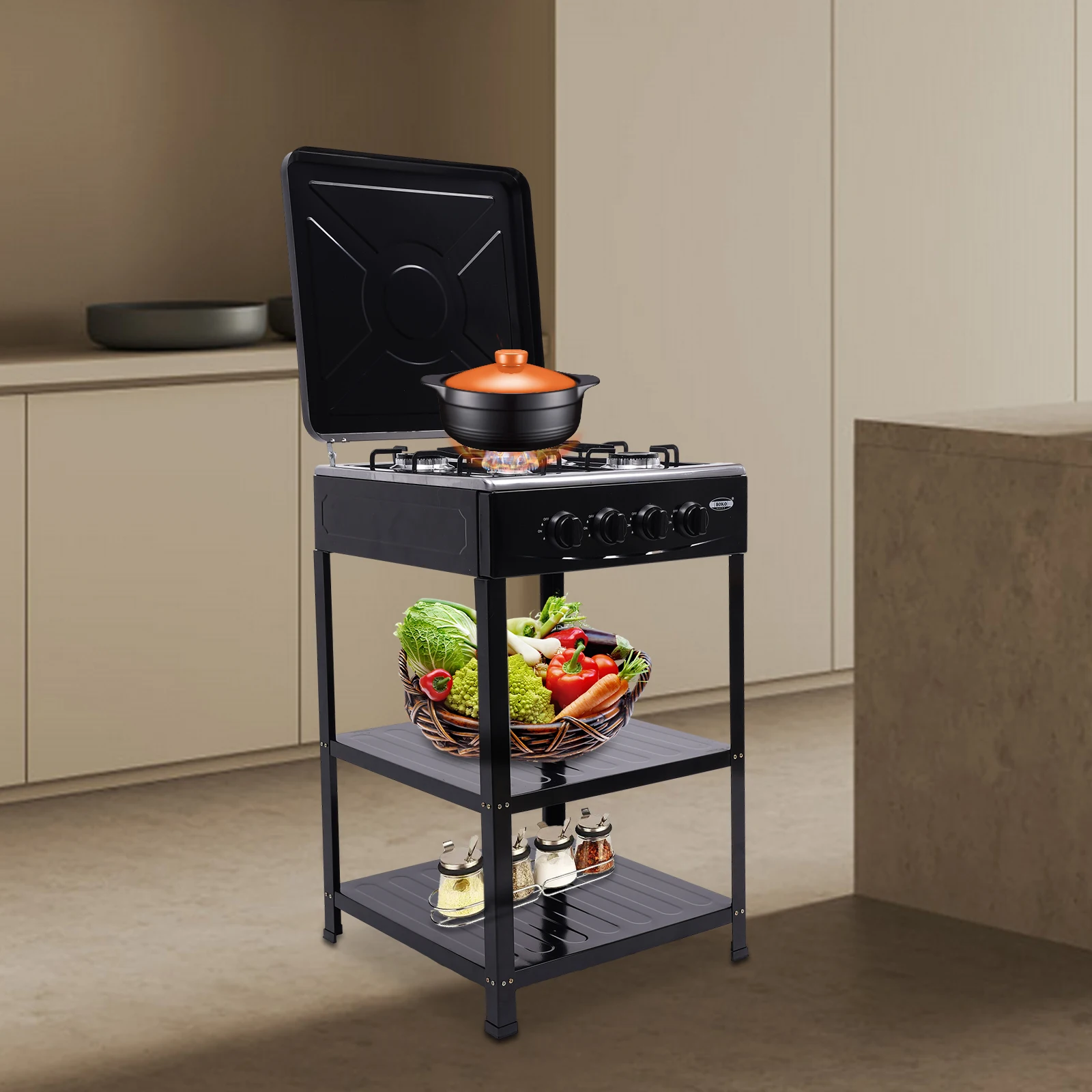 Outdoor 300000 BTU Stove Propane 4 Burner Portable Cooker BBQ Grill Windshelter Black with Detachable Storage Rack