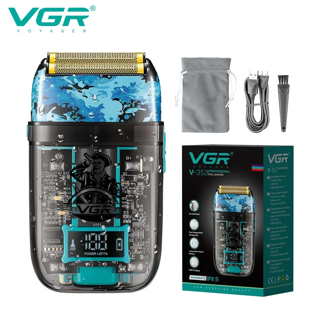VGR Shaver Professional Razor Waterproof Shaving Machine Rechargeable Beard Trimmer Transparent Shaving Machine for Men V-352 electric shaver hair trimmer electric razor