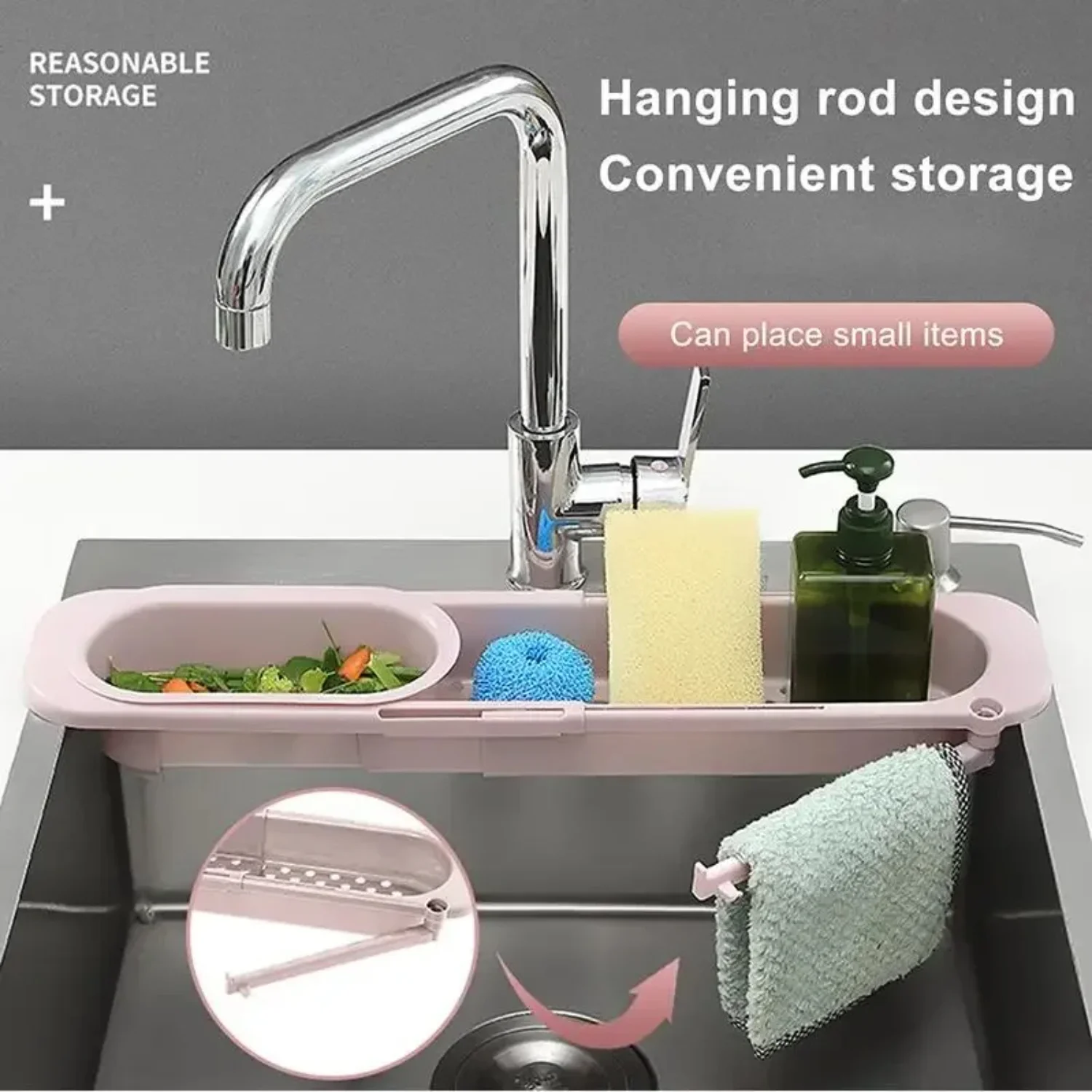 Adjustable Length Sink Drain Basket Dish Drainer Soap Towel Rack Supply Accessories Shelf Rack