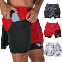 Camo Print 2 in 1 Compression Running Shorts for Men Gym Workout Quick Dry Active Athletic Performance Shorts with Phone Pocket