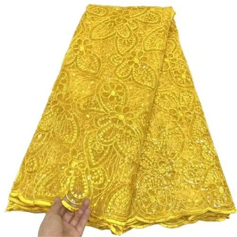 

Luxury African Sequined Wine Red Lace Fabric With Yellow High Quality 5 Yards Nigerian Sequins Embroidered Mesh Materials