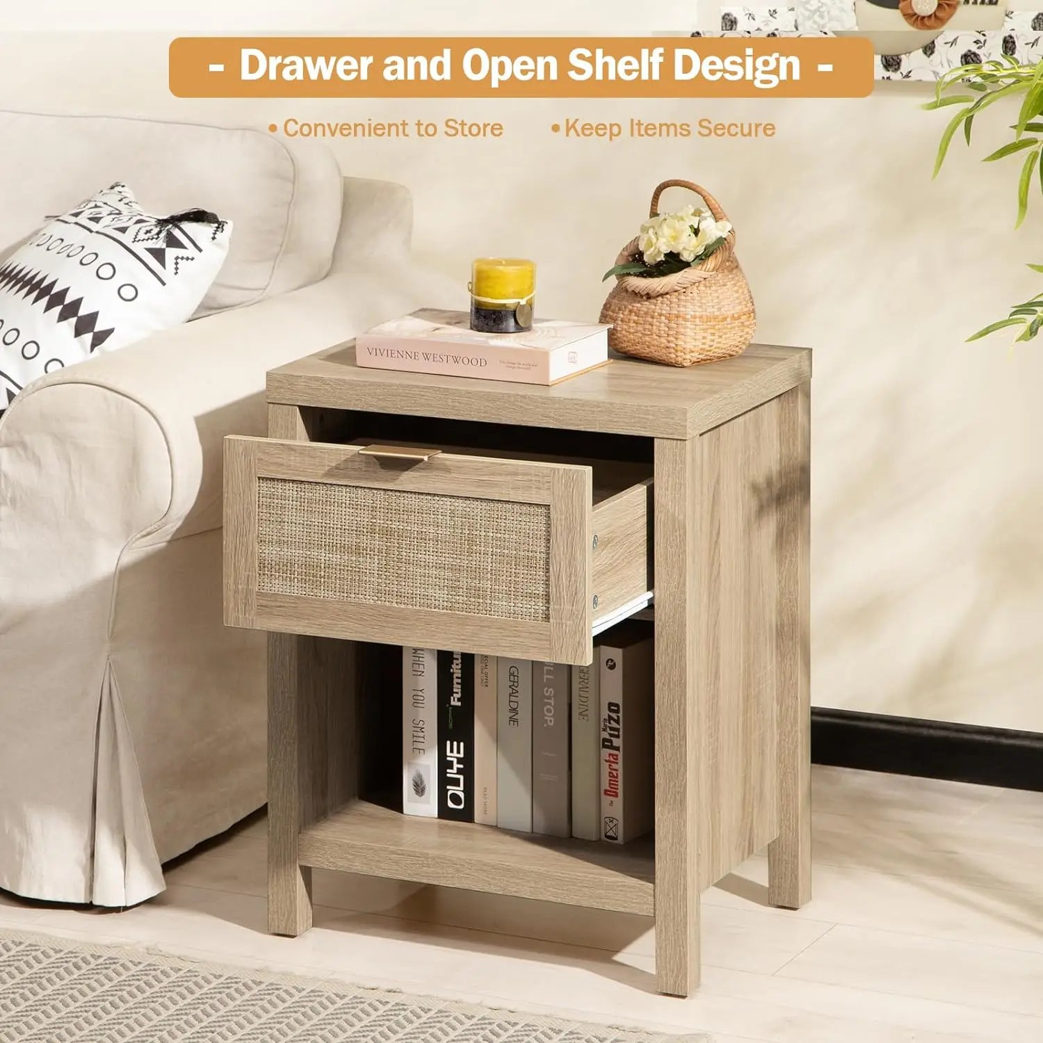 Rattan Nightstands Set of 2, Farmhouse Night Stands