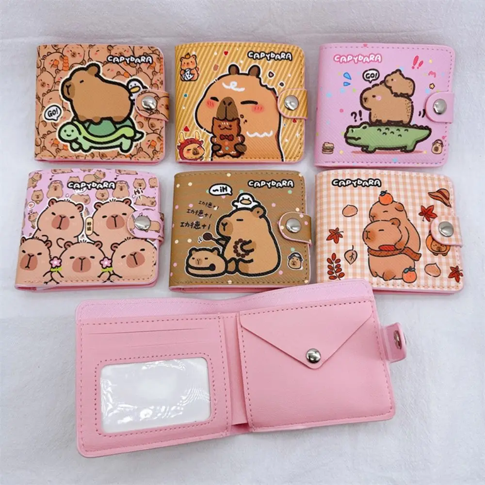 Cute Cartoon Capybara Coin Purse With Buttons PU Leather Card Holder Mini Short Wallet Women Girls Money Bag