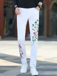 Denim Pants Men's Crane Embroidery White Denim Pants Washed Decor Casual Jeans Classic Slim-fit Style Long Trousers Male Clothin