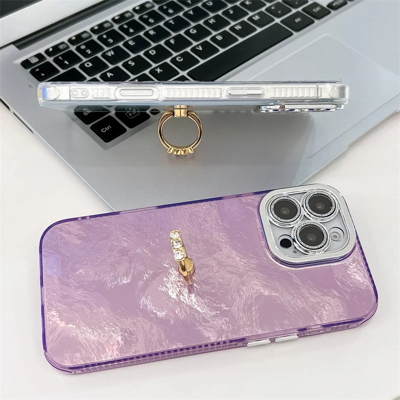 Étui de téléphone pliable avec anneau en aluminium pour iPhone 16 Plus 15 14 13 Pro Max, protection de caméra à paillettes, coque arrière rigide antichoc en PC_voghion.com