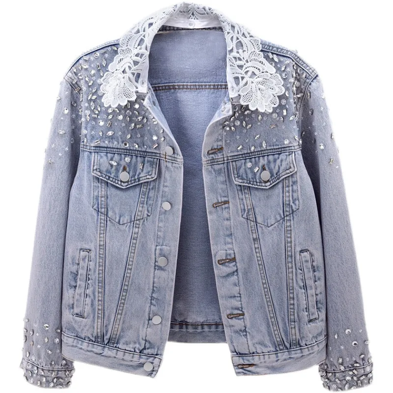 

2024 Spring Autumn Bead Beaded Denim Jacket Women Korean Lace Collar Long-Sleeve Vintage Jeans Coat Female Loose Clothes G2804
