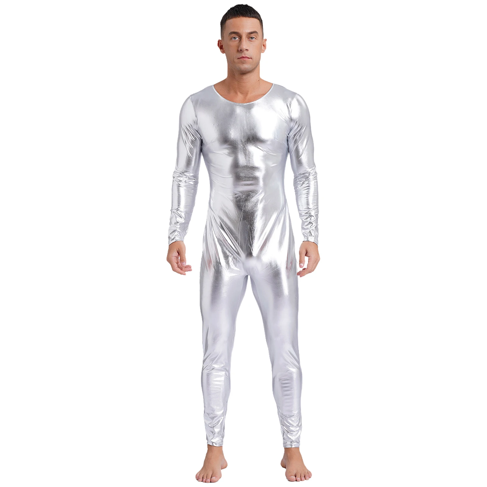 Herren-Overall, metallisch glänzend, Tanzbekleidung, Clubwear, langärmelig, schmale Passform, Ganzkörper-Body, Karneval, Party, Bühnenkostüm – Detail 15