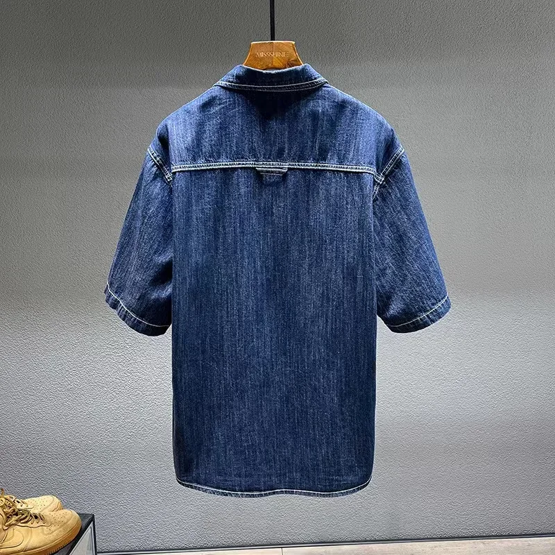 Denim Shirt Men's Summer Denim Short-sleeved Retro Large Size Tooling Loose Casual Tops All-match 7XL 8XL denim shirt