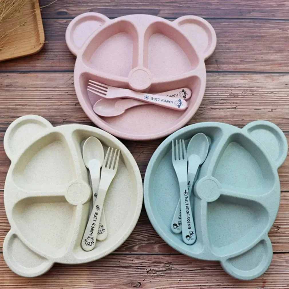 3Pcs/set Wheat Straw Baby Dishes Cartoon Tableware Set Kids Dinner Platos Baby Feeding Plate Training Bowl Spoon Fork Tableware