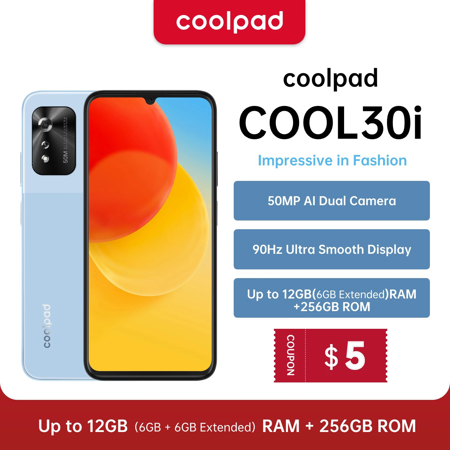 

New Coolpad 30i Unlocked Smartphone, (6GB+6GB RAM Expension)+256GB ROM, 50MP, 6.56 HD+ Cellphone Android 13 Mobile Phone