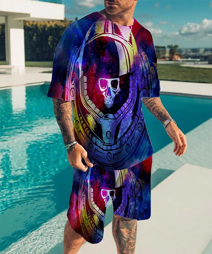 Summer Beach Style 3D Printed Skull Sportswear O-neck Oversized T-shirt + Shorts Two-piece Street Comfort Suit