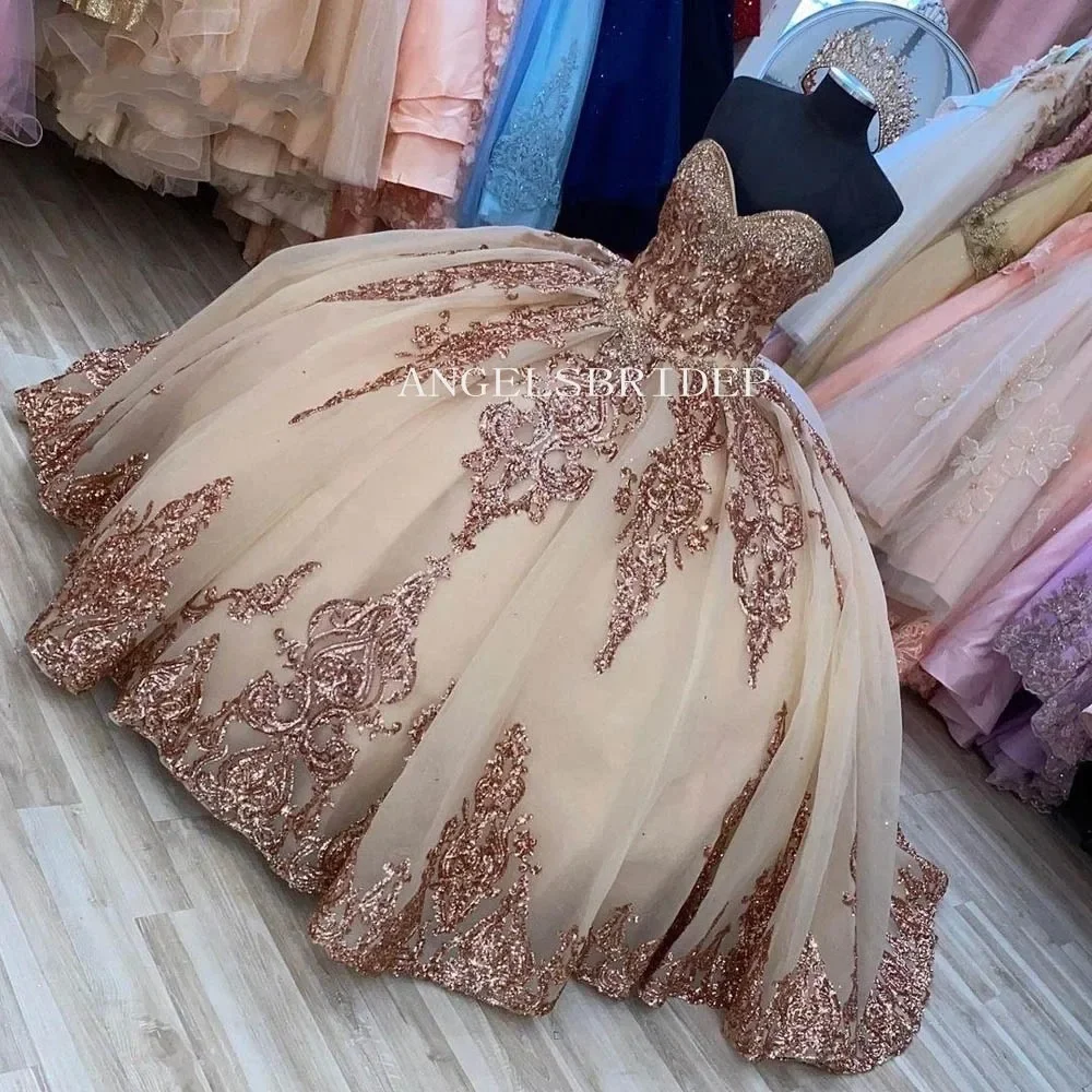 

Шампанское бальное платье 15 лет, платья для Quinceanera 2023, розовое золото, Аппликации, детское платье на день рождения