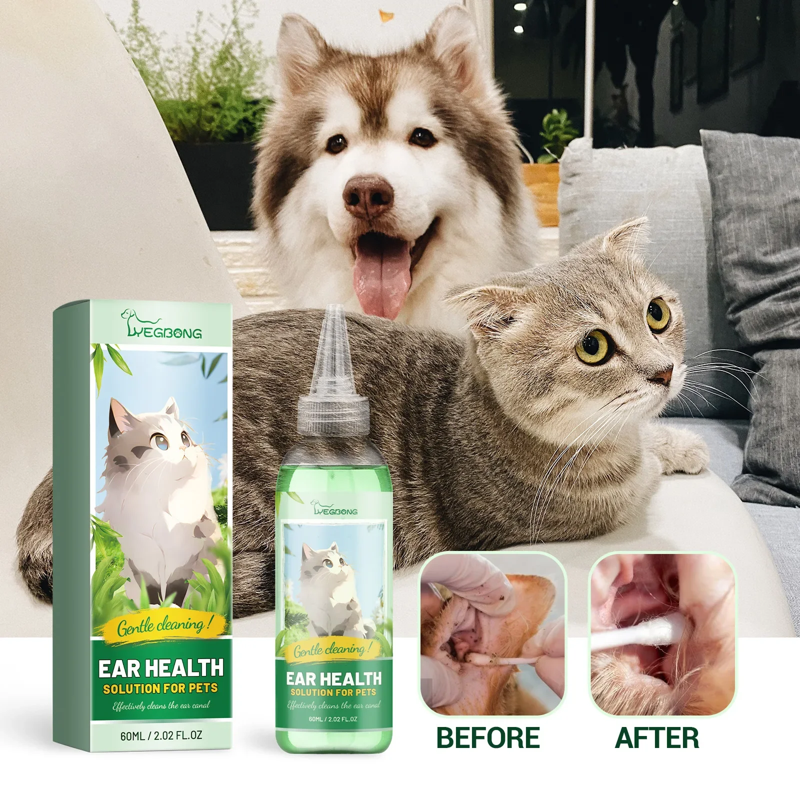 Yegbong Pet Ear Cleansing Liquid, Universal Ear Cleansing for Cats and Dogs, Mite Removal Earwax Pet Drops