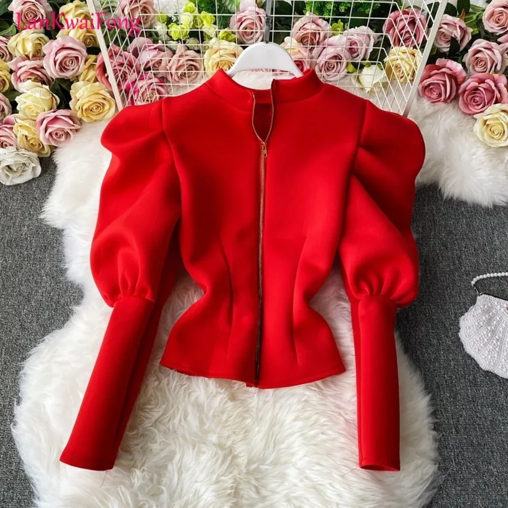 2024 New Stand Up Neck Shirt Women's Slim Fit Long Sleeve Zipper Bubble Sleeve Fluffy Air Cotton Solid Color Jacket Top