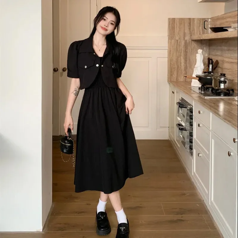 여성 반팔 정장 스커트 투피스 코트, 슬림 슬링 원피스, 스몰 수트 가디건 재킷, 서스펜더 원피스 세트