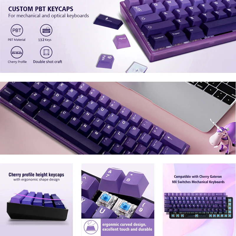 Pbt Keycaps para Teclado Mecânico Gaming Double Shot Cherry Gateron Switches mx Gamer Roxo Perfil 132 Chaves - Imagem 6